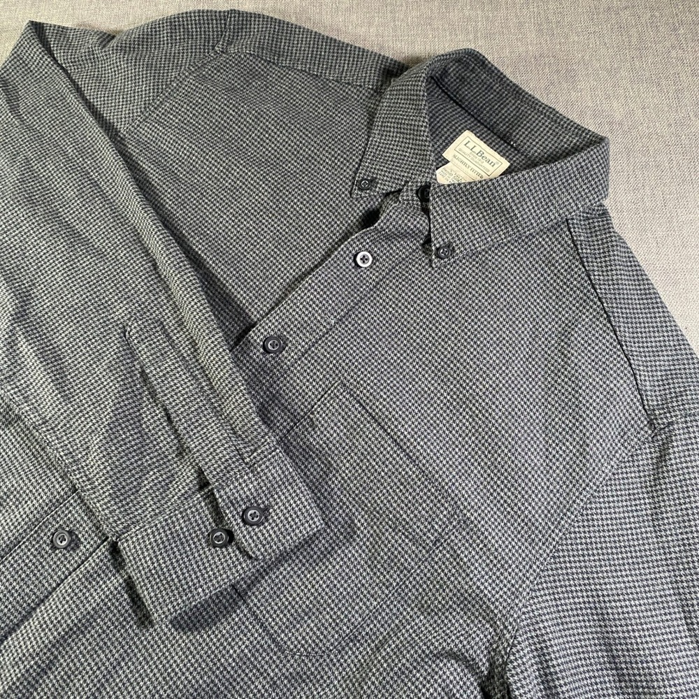 LL Bean Mens L-Tall Button Down Shirt Houndstooth Gray Long‎ Sleeve Cotton Blend